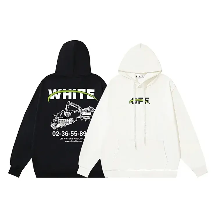 OFF-WHITE Hoodie: Black & White with "OFF" Front & Excavator Back