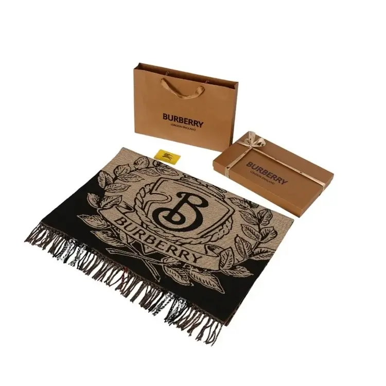 Burberry Black & Beige Fringed Logo Scarf
