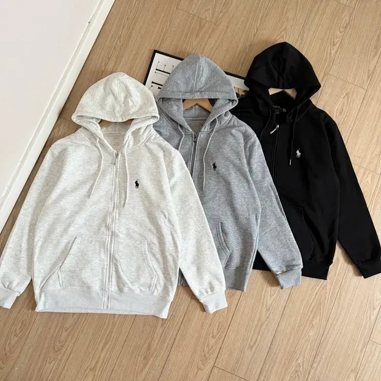 Polo Zip Hoodies: Pony Embroidery in White, Gray & Black