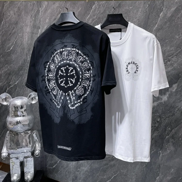 Chrome Hearts Logo Print T-Shirts (Black/White) with Chain