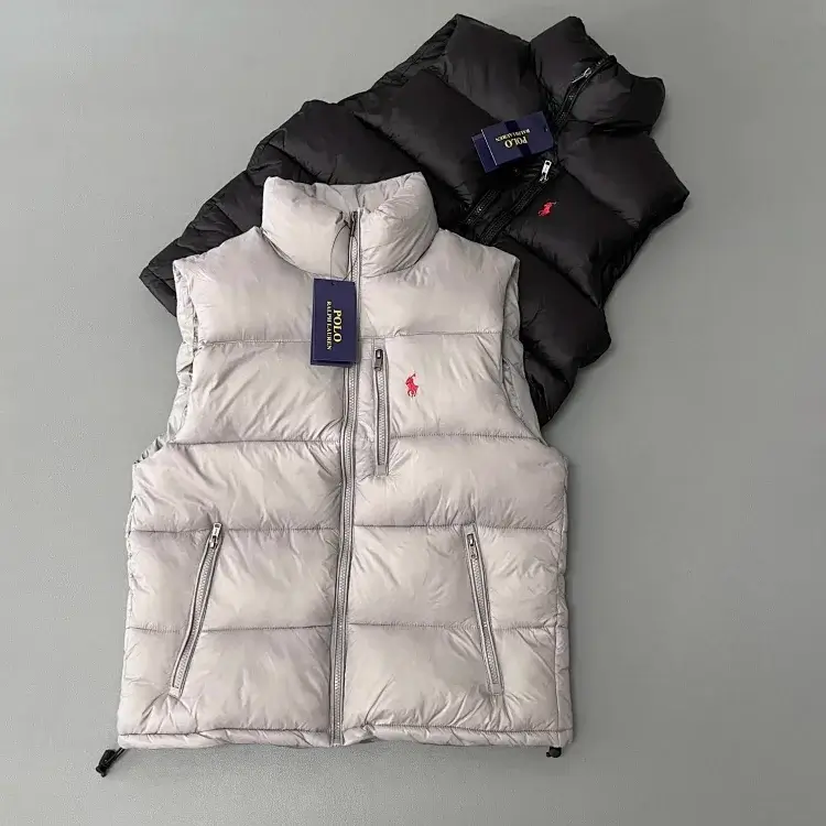 Polo Down Vest: Light Gray/Black, Stand Collar
