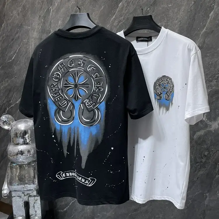 Chrome Hearts Black & White T-Shirt with Blue Splatter Back Logo