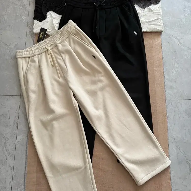 POLO Beige & Black Embroidered Drawstring Pants