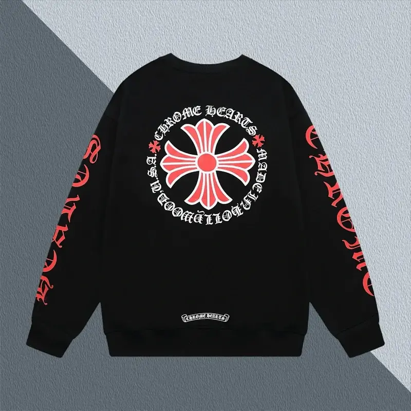 Chrome Hearts Black Sweatshirt Red Cross & Gothic Sleeves